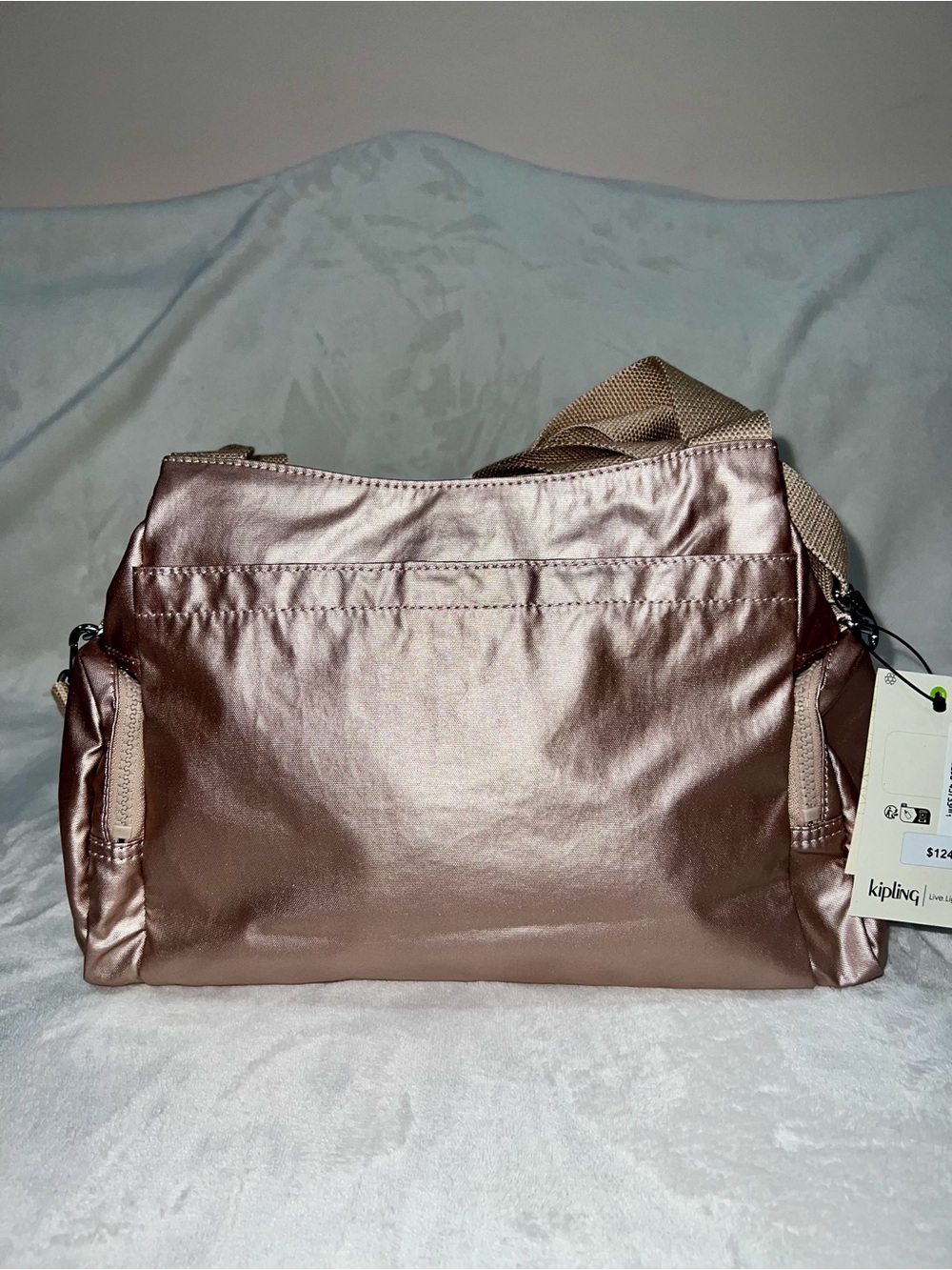 Kipling Metallic Rose Gold Crossbody Shoulder Bag with Plush Monkey Charm - Picture 2 of 4